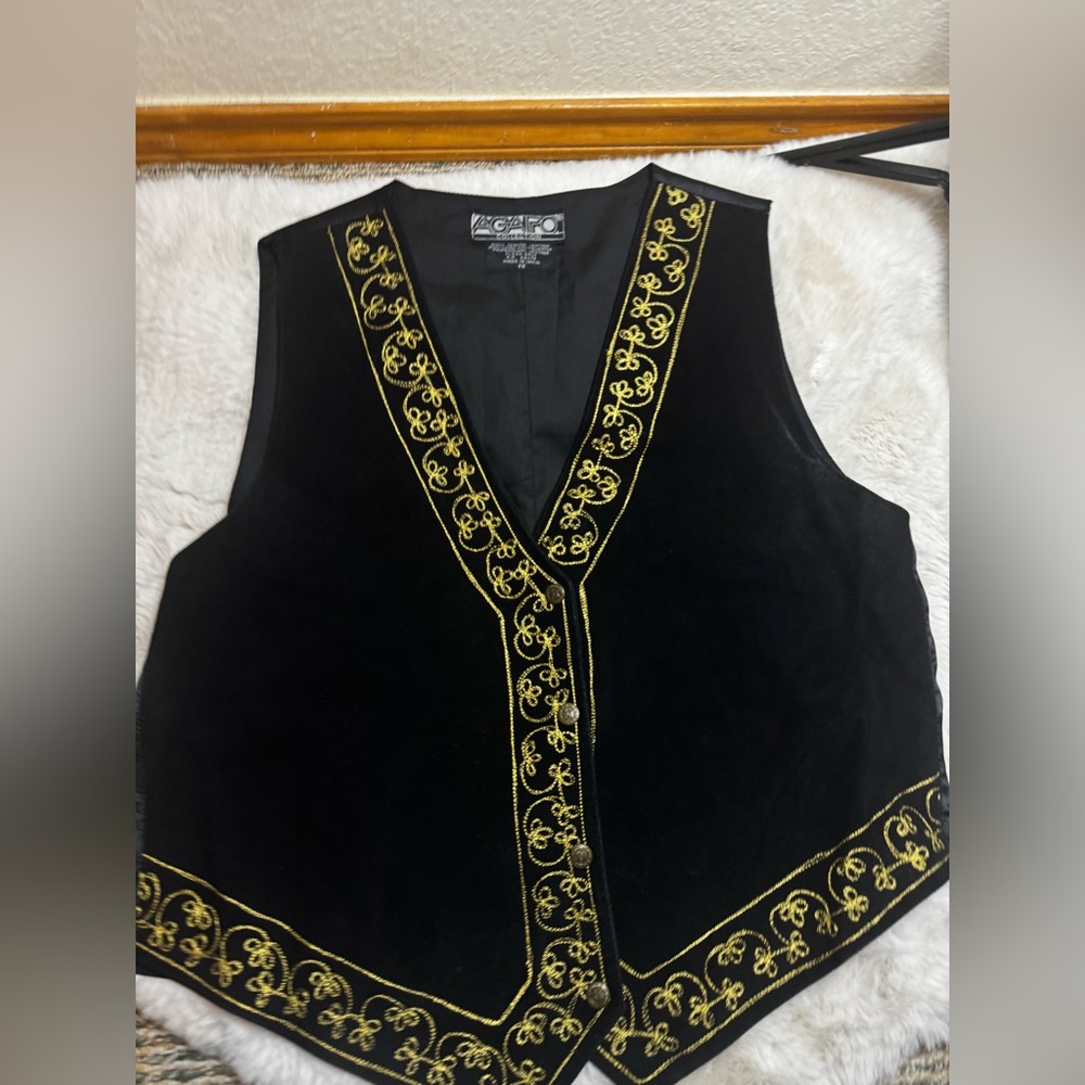 Vintage Black Velvet Vest with Gold Embroidery